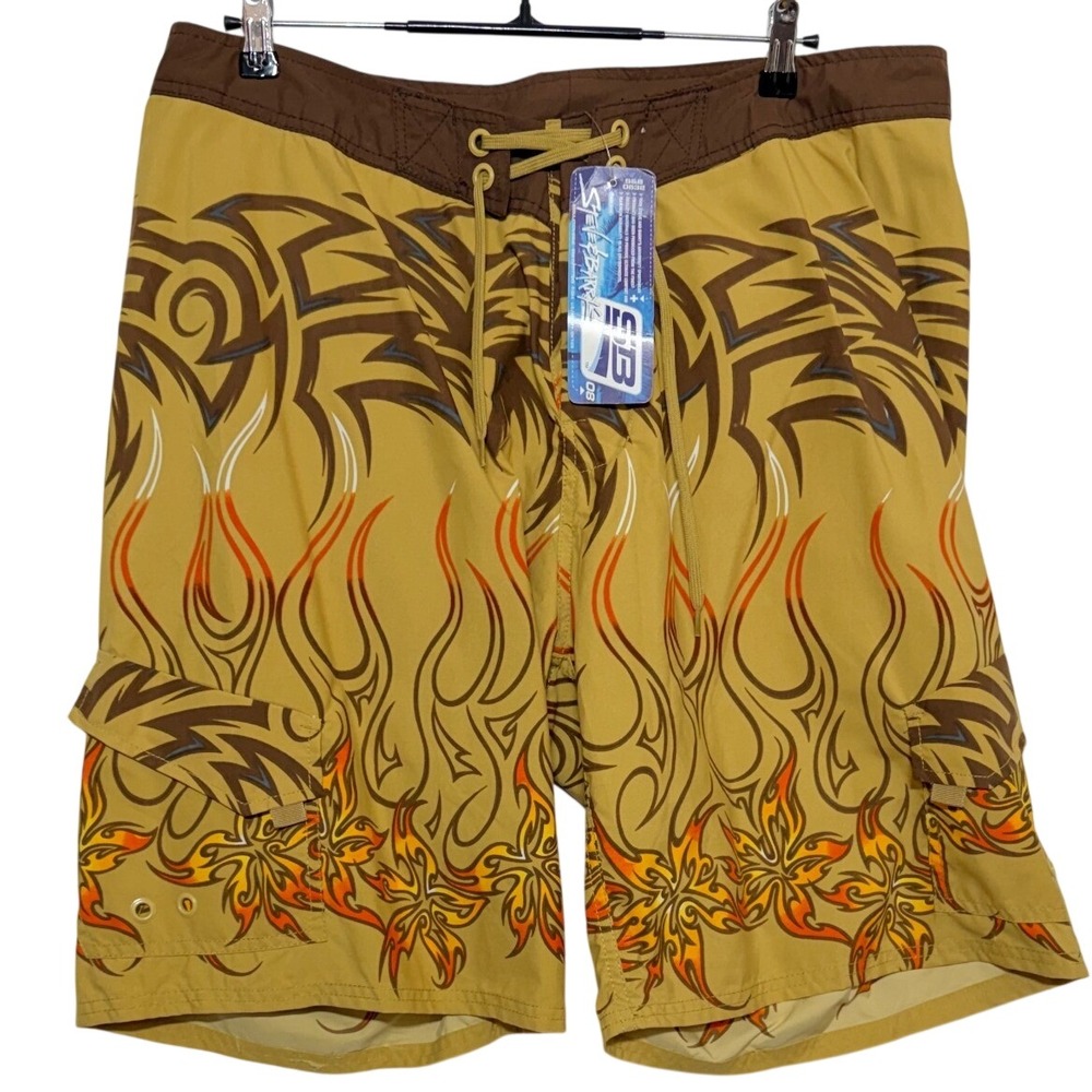 NEW Steve & Barrys Board Short Men 38 10" Inseam Yellow Tribal Flame Swim Trunk